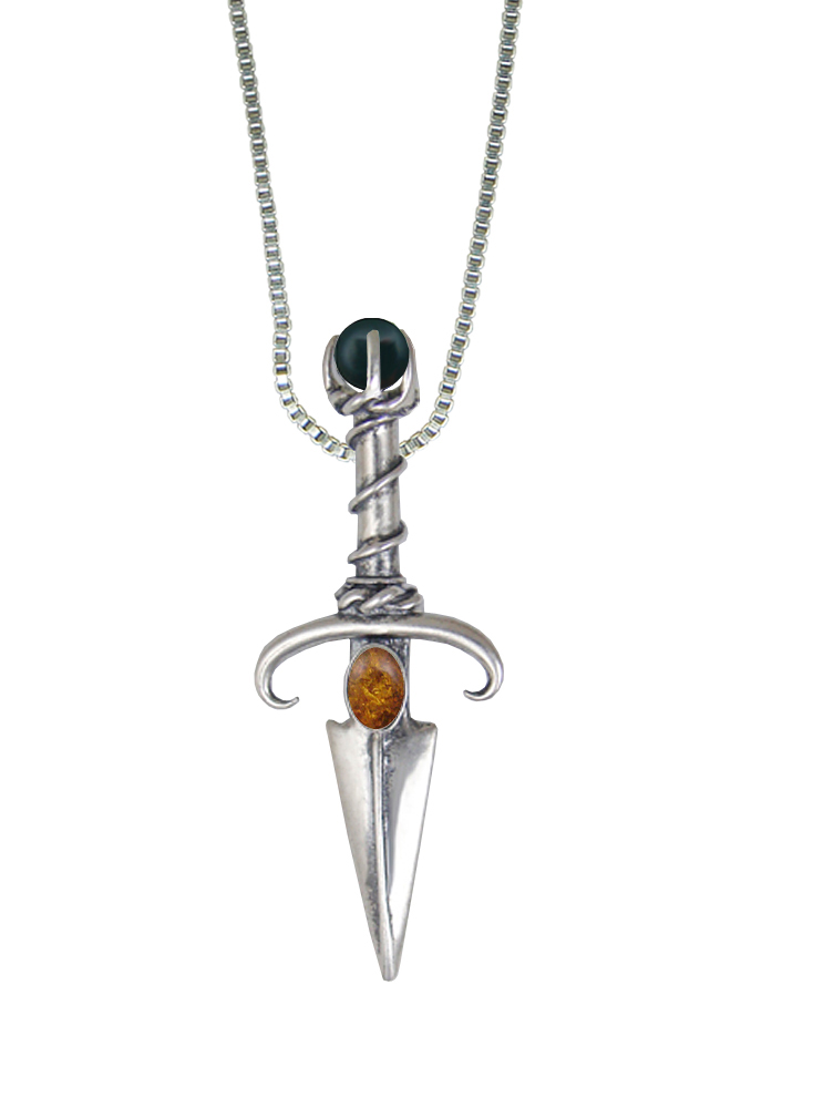 Sterling Silver Black Prince's Knife Dagger Pendant With Amber And Bloodstone